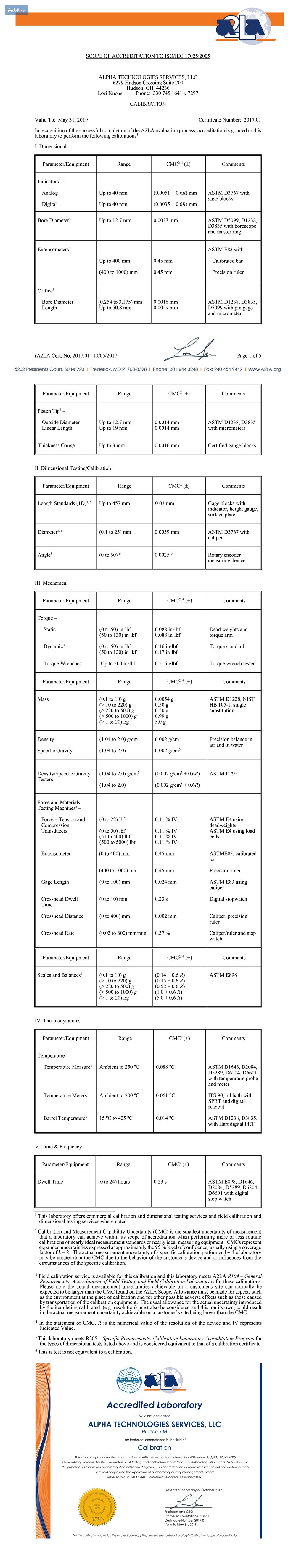 阿尔法 ISO17025校准资质证明